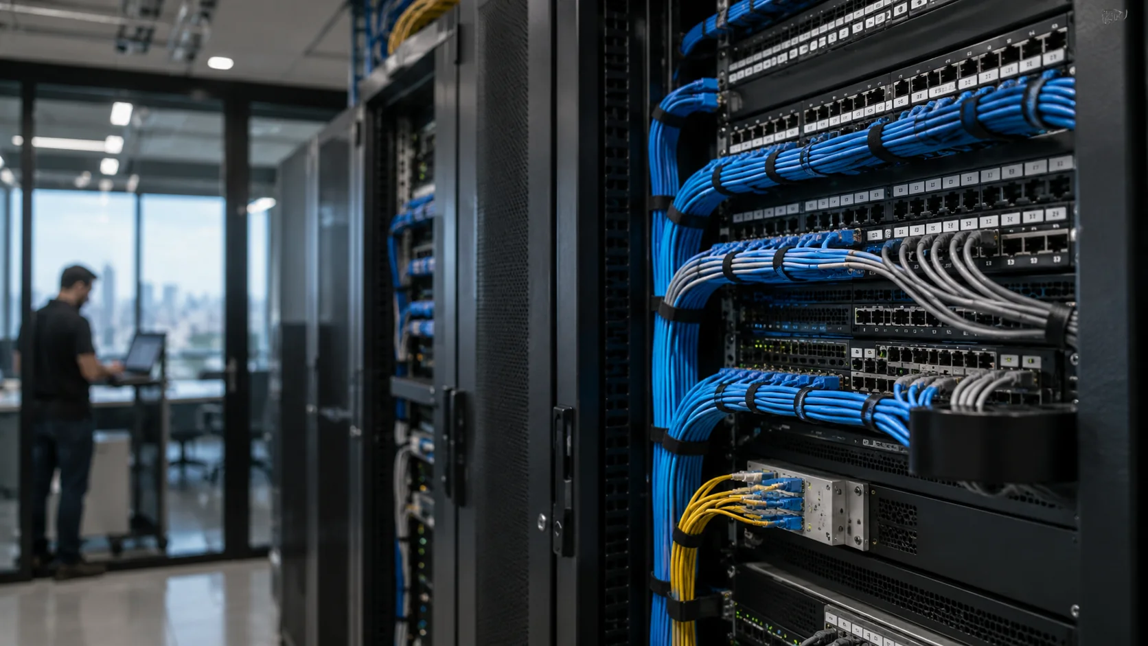 Rack de telecomunicações organizado com cabeamento estruturado